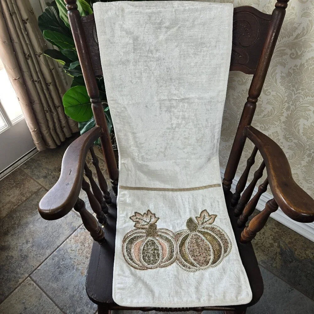 Family Gatherings Fall Autumn Pumpkin Table Runner Beaded Cream Gold Tan Silver
